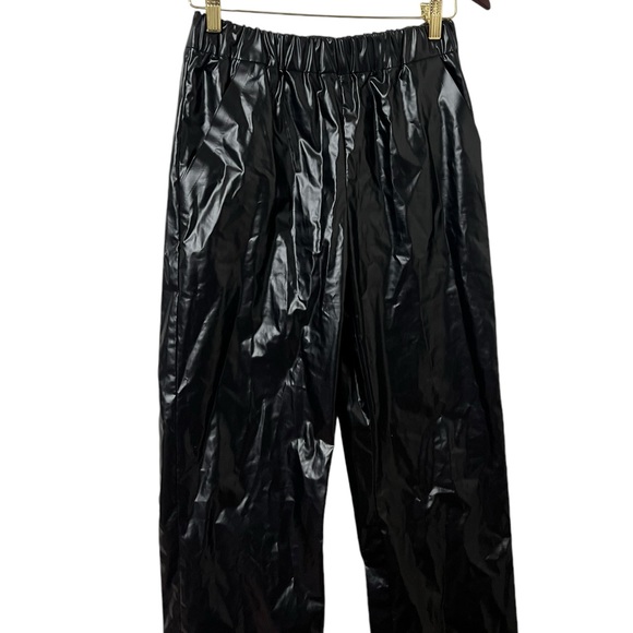 KASSL EDITIONS High Shine Straight Pull On Black Faux Leather Pants Trousers - Picture 10 of 10